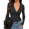 Women's Sexy Deep V-Neck Long Sleeve Ribbed Knit Outing Top Slim Casual Basic T-Shirt