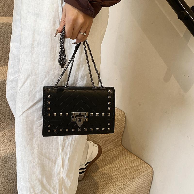 Elegant Urban Minimalist Pu Leather Small Square Bag With Studs And Chain For Fashionable Women