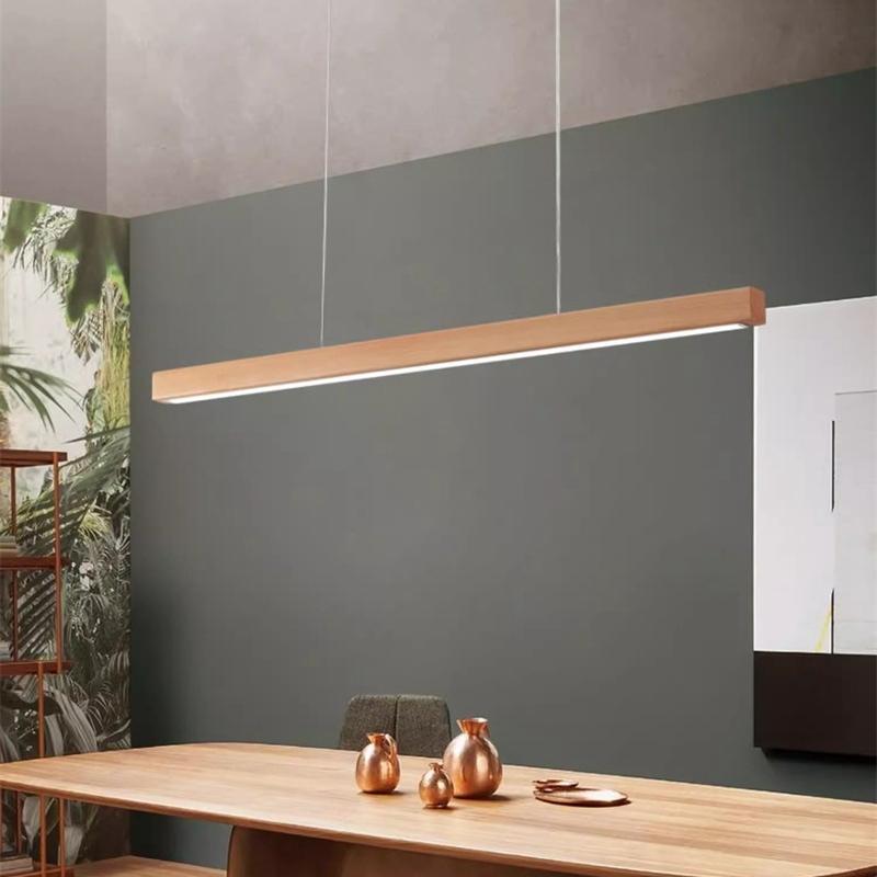 Nordic Wooden LED Pendant Lamp Simple Dimmable Ceiling Chandelier Dining Room Kitchen Table Long Strip Hanging Lighting  Fixture