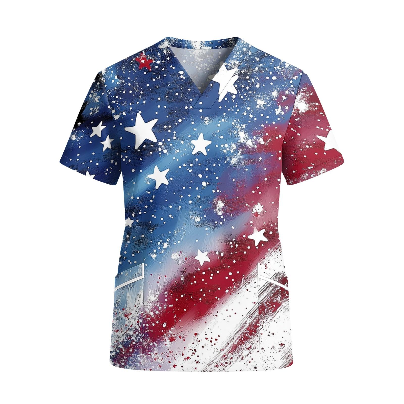 

Women s V Neck Short Sleeve Work Shirt with Pockets Independence Day Star Print Medical Scrub Top for Healthcare Professionals XXL