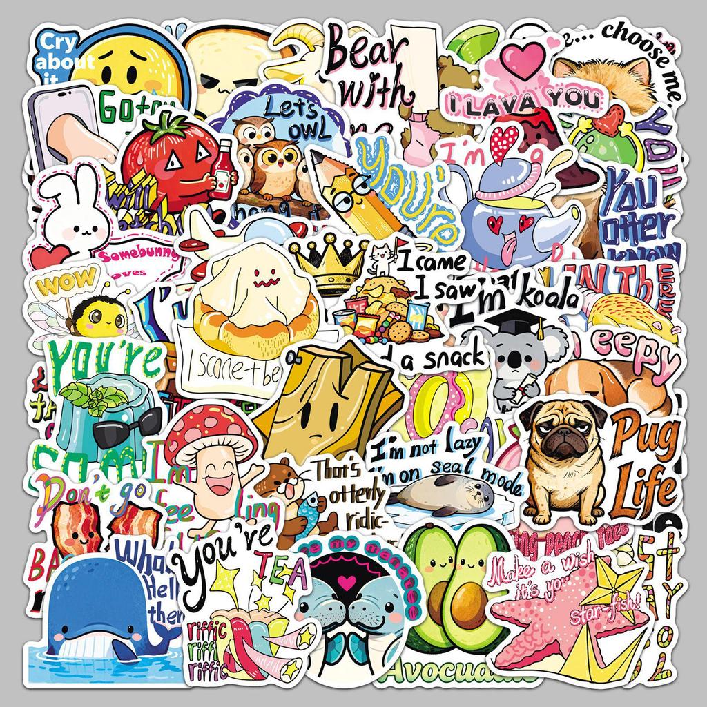 50PCS Cute Cartoon English Pun Stickers for Laptops, Tablets, and Phone Cases
