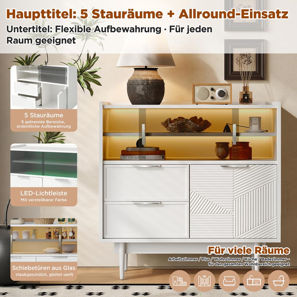 Schrank, Badezimmerschrank, Sideboard mit Lichtleiste, 80 cm breit, Glastür