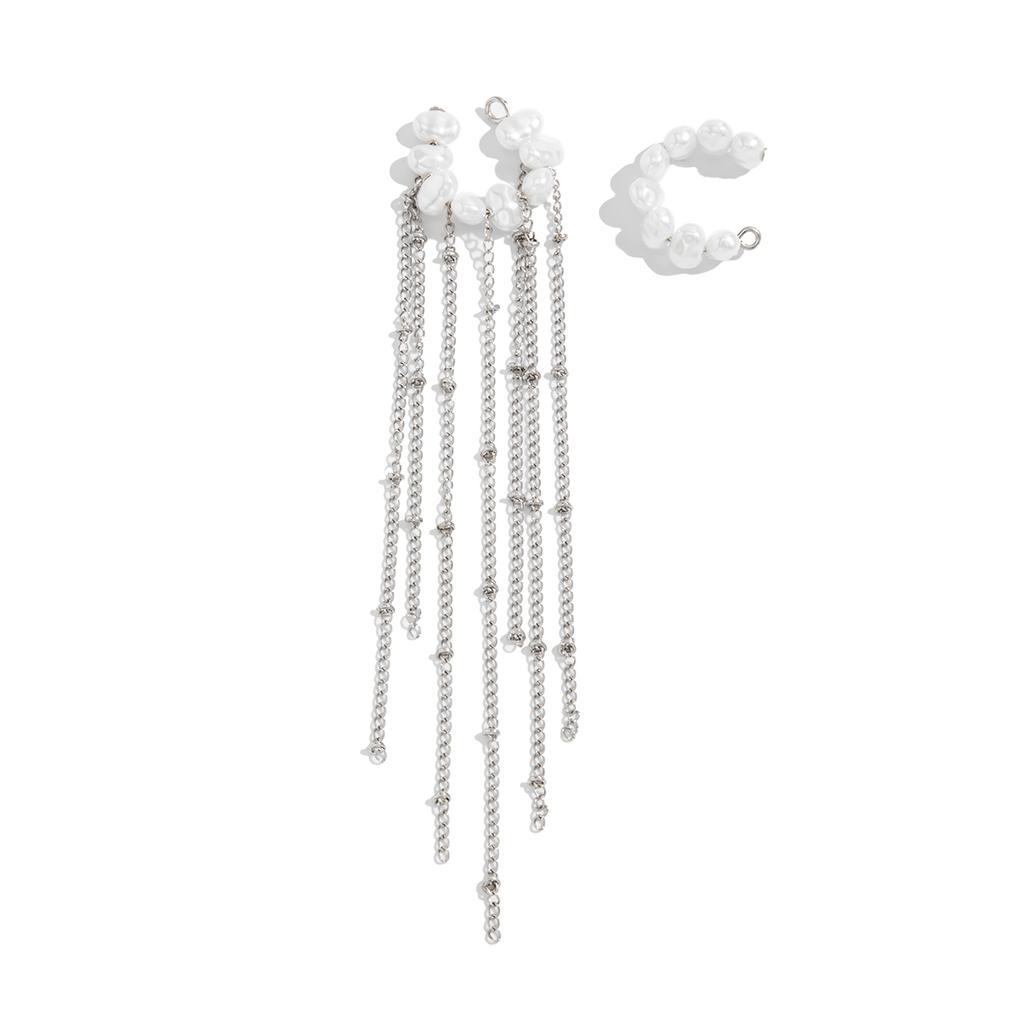 Ingemark 2Pcs Boho Round Imitation Pearl Earrings Women Elegant Exquisite Silver Color Tassel No Piercing Ear Clip New Jewelry