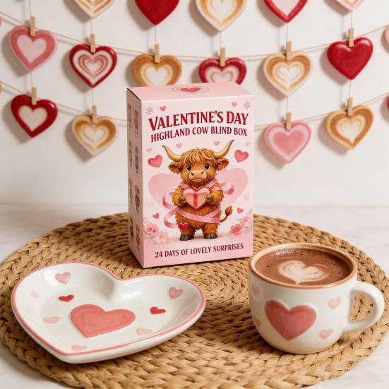 Valentine's Day Highland Cow Advent Calendar with 2D Acrylic Hanging Ornament 24 Days Countdown Calendar Box Holiday Party Gift