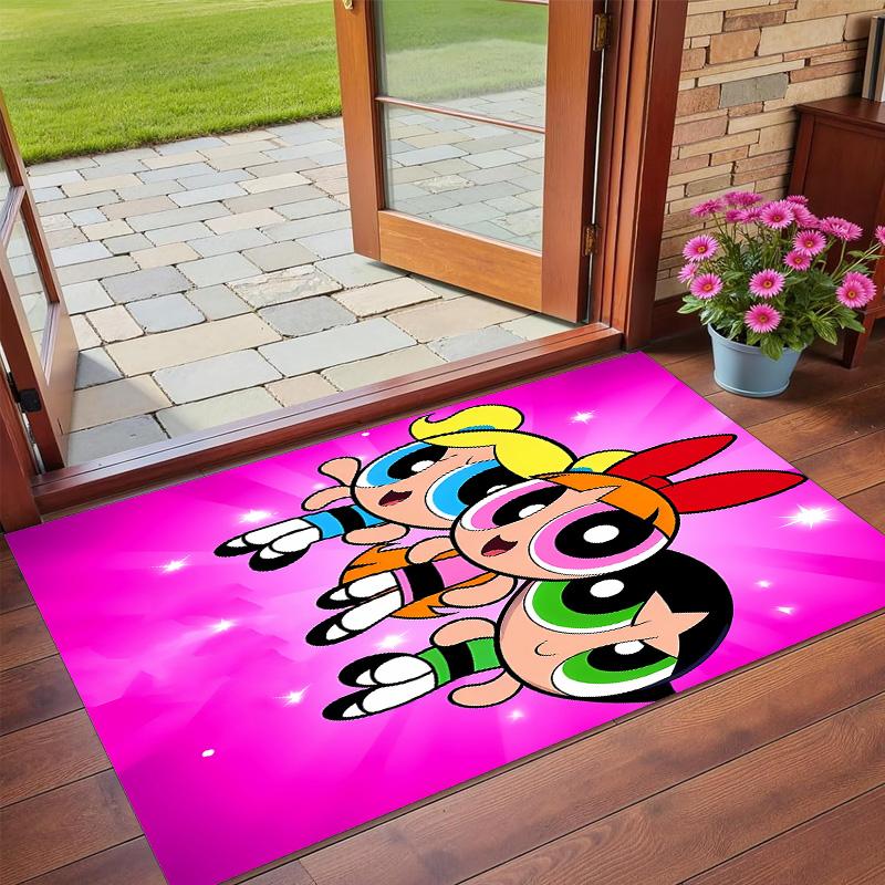 Anti‑Slip Crystal Velvet Floor Rug, The Powerpuff Girls Design Carpet for Indoor Living Bedroom Home Decoration