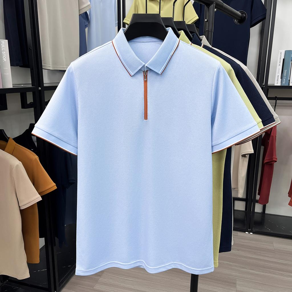 Natural Breathable Bead Ground Lightweight Anti Wrinkle Men's Flip Collar Casual Short Sleeve Top