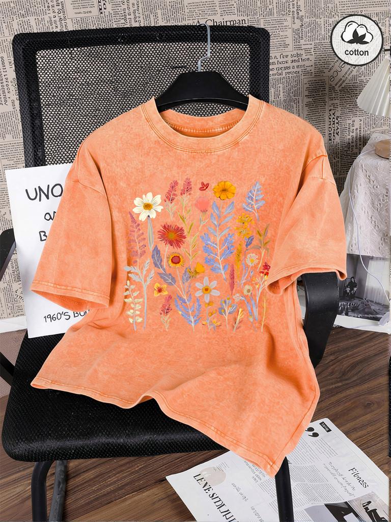 Beautiful Flowers And Ferns Prints Washed TShirts Women Cotton Oversized T Shirt Summer Short Sleeve Tops Casual ONeck Clothes