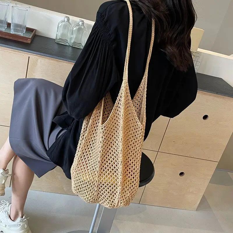 Large Capacity Ladies Vacation Beach Bucket Tote Hollow Design Travel Female Handbags Casual Simple Women Knit Shoulder Bags