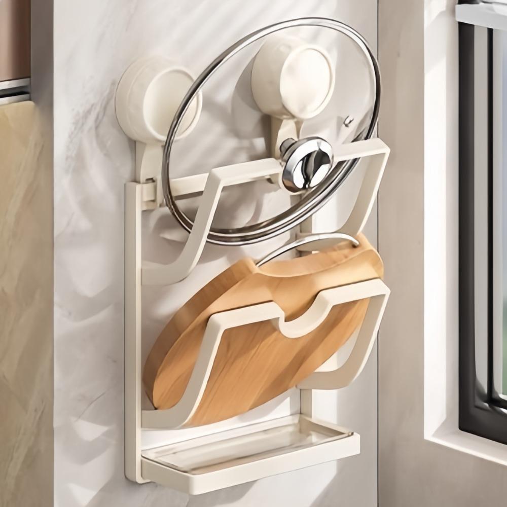 New Suction Cup Pot Lid Holder Metal Wall Mounted Kitchen Storage Rack Multi-Layer Design Space Saving Pot Cover Rack Home Use