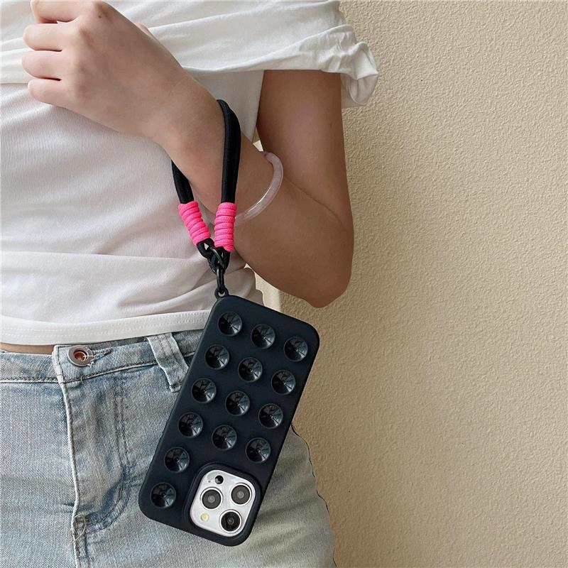 For iPhone 16 Pro Max Luxury Suction Cup Airbag With Lanyard Phone Case For iPhone 12 13 14 15 Plus Soft Frame Protective Cover
