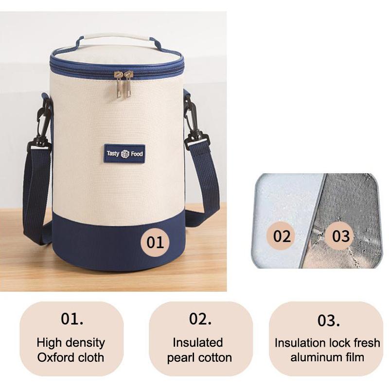 Sac de prânz portabil de mare capacitate, cutie de prânz izolată, cilindric, proaspăt, cutie rotundă din folie de aluminiu, geantă termică pentru alimente.