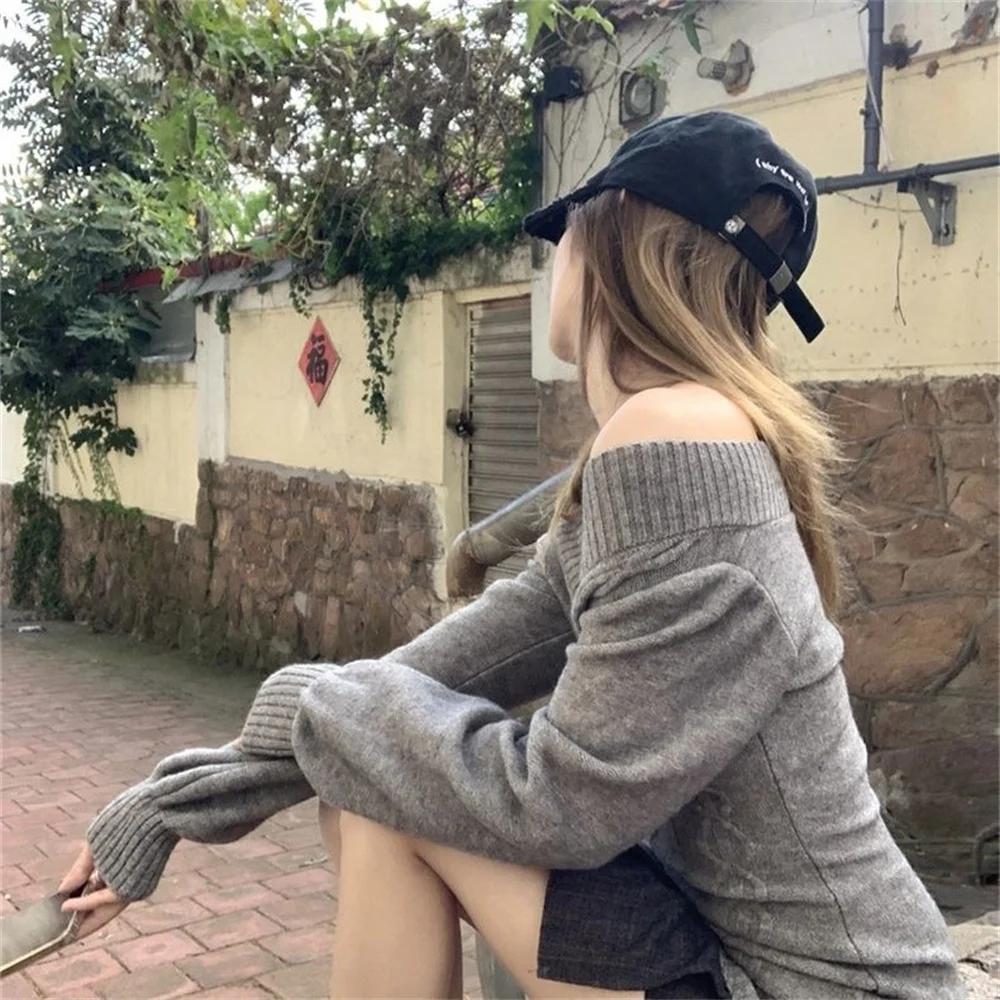 Moda Vintage Scollo a V Lavorato a Maglia Donna Inizio Autunno Nuovi Maglioni Pullover Manica Lunga Aderenti Pullover Sexy Grigio