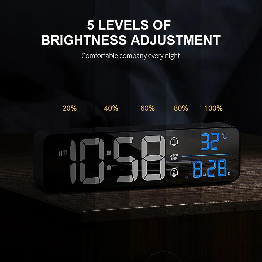 Charging mirror surface smart LED music wall clock with 2 sets of workday alarms 5 levels of brightness adjustable light