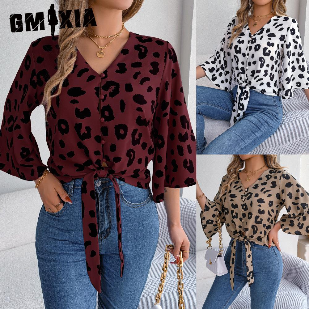 GMXIA Spring Summer Casual Leopard Print Tie Chiffon Top for Women