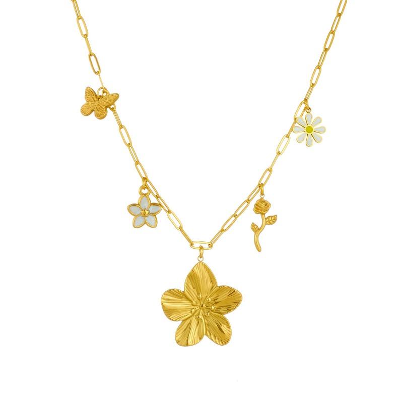 Gold Paperclip Chain Necklace with Flower and Butterfly Charms