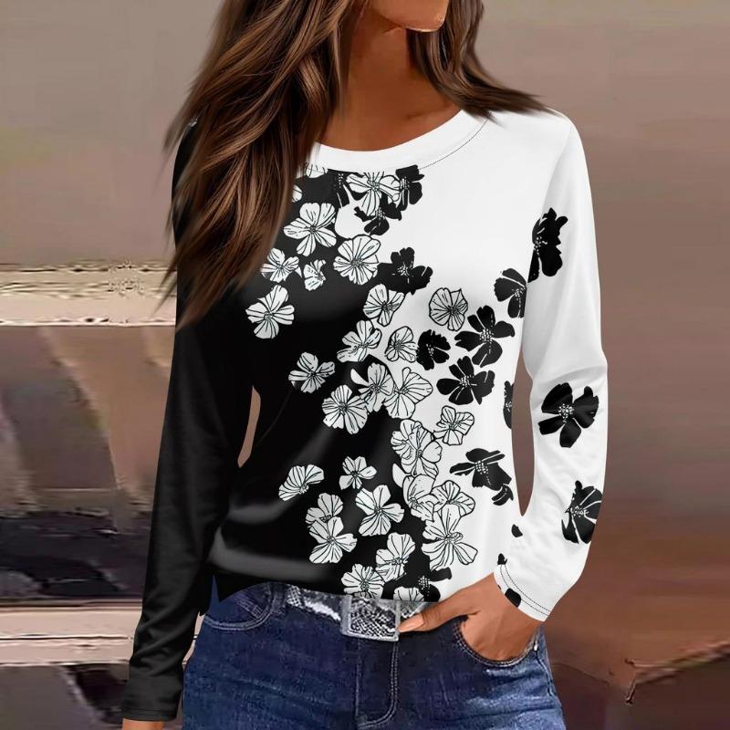 Women's T-shirt 3D Petals Falling Print Fashion Long Sleeve Round Neck Regular Top Holiday Weekend Spring and Autumn Clothing