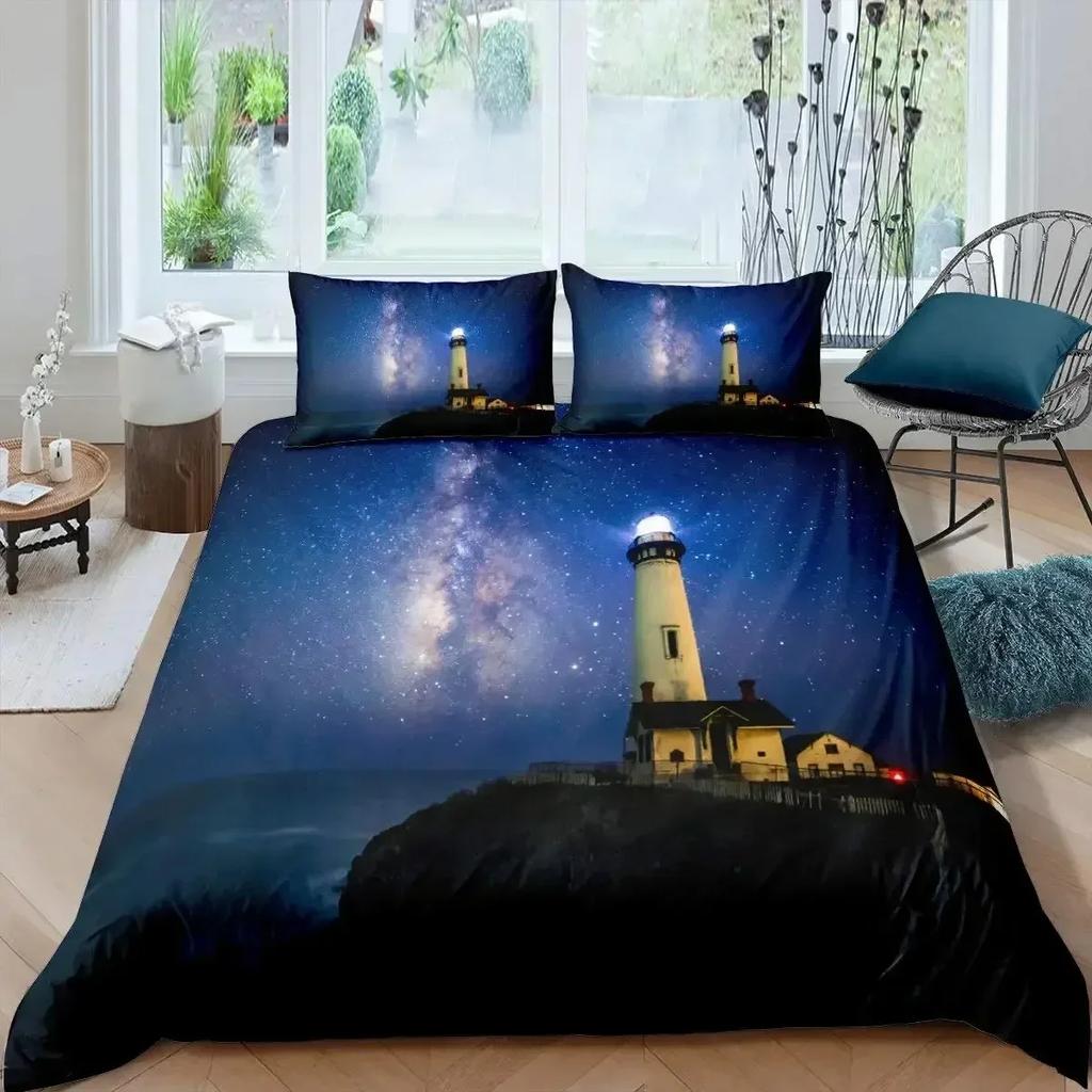 Top Lighthouse Duvet Cover Set Nautical Surfing Ocean Wave Bedding Set Queen Polyester Coastal Nature Theme Quilt Cover