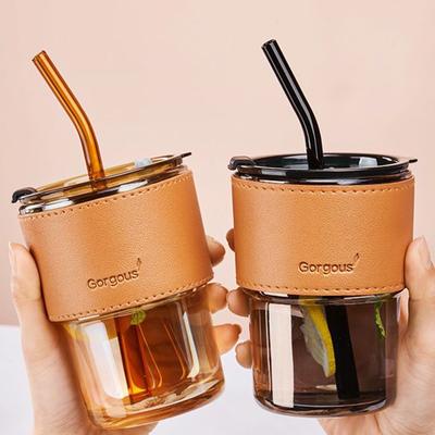 440 ml Univerzální a odolný šálky na ledovou kávu skleněný šálek s brčkem a víčkem pro vysoké teploty na cestách nebo doma
