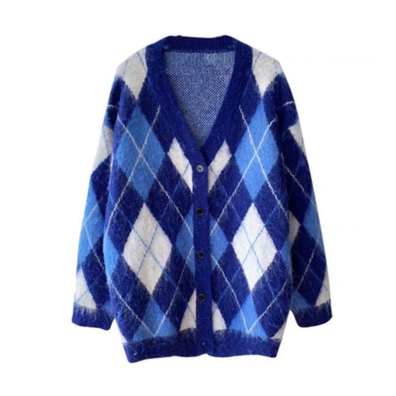 

Осенне-зимний кардиган с бриллиантами в клетку, контрастный свитер с v-образным вырезом, свободный вязаный кардиган средней длины, женский свитер, женское пальто One Size синий