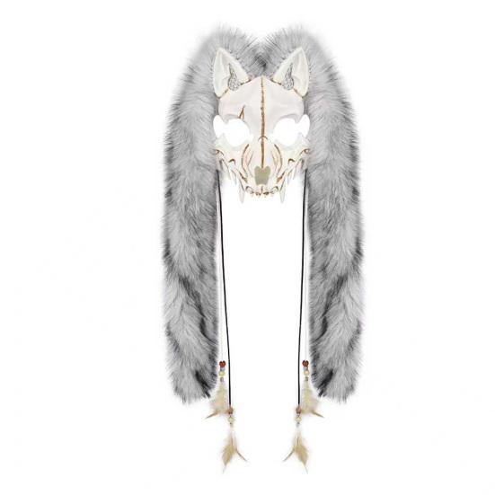 Adjustable Elastic Strap Wolf Mask Viking Skull Mask, Long Fur Ear Tassel Headpiece for Cosplay Themed Party Costume Headgear Party, Halloween