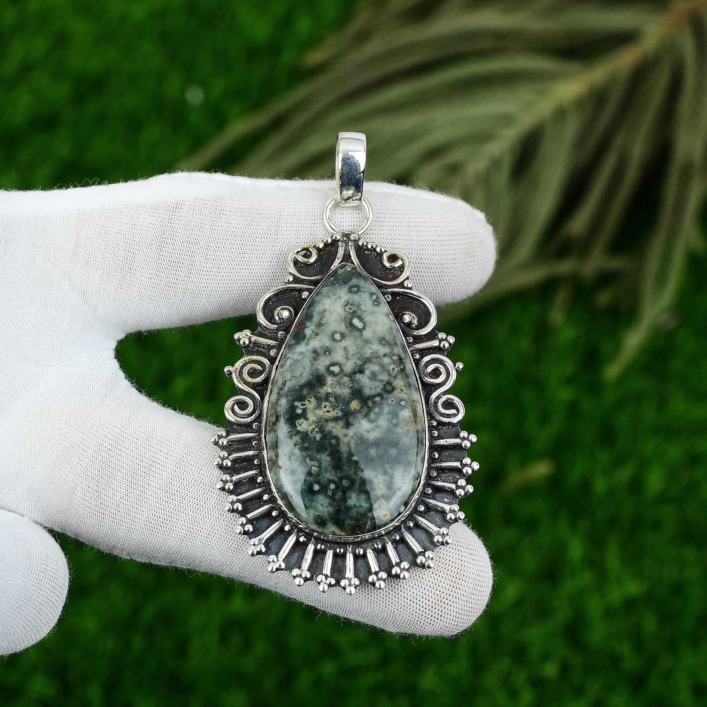 Sisters Day Sale Natural Ocean Jasper Bezel Birthday Pendant 925 Sterling Silver