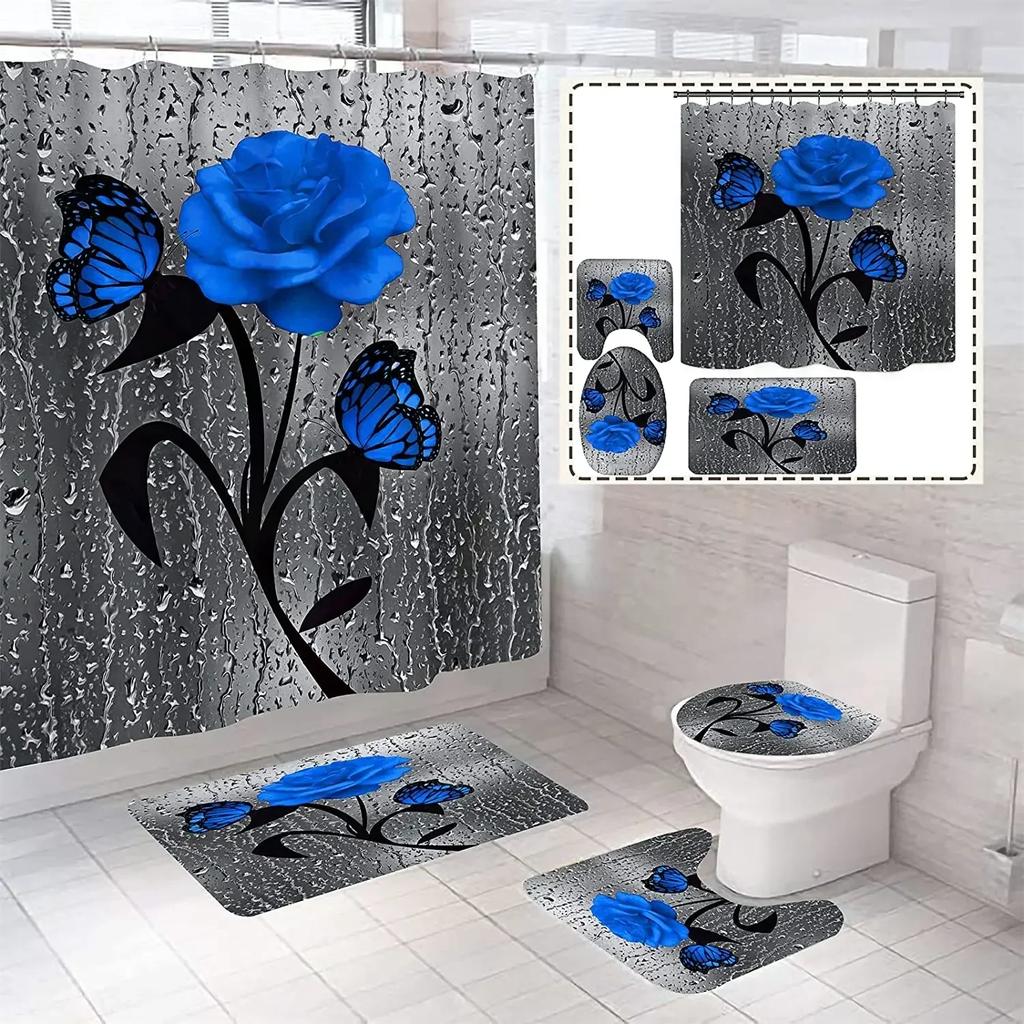 Blaue Rosenblumen Wasserdichtes Badezimmer Duschvorhang-Set Polyester Toilettensitzbezug Bad Rutschfeste Matte Teppich Teppich Heimdekoration