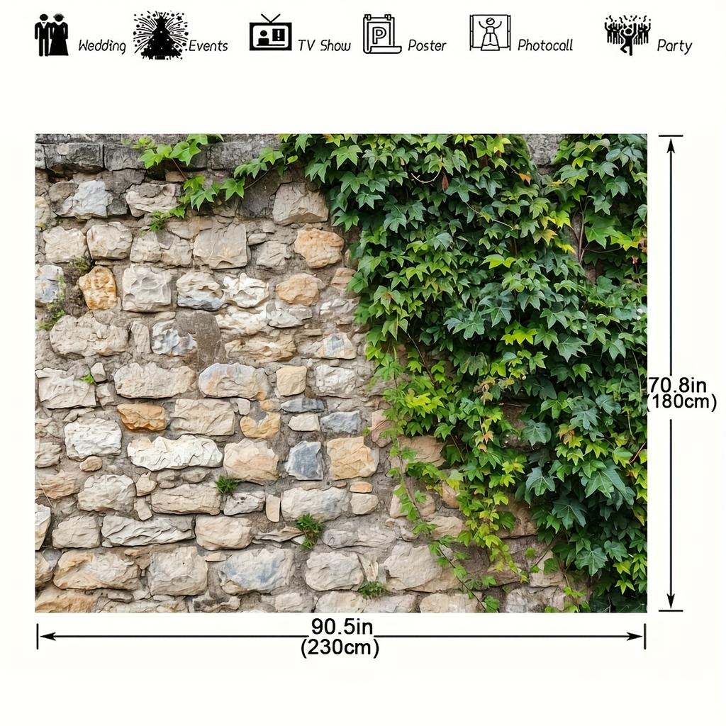 1pc Simple Rock Brick Wall Background, Spring Garden Plant Stone Wall, Green Plant, Natural Photography Background