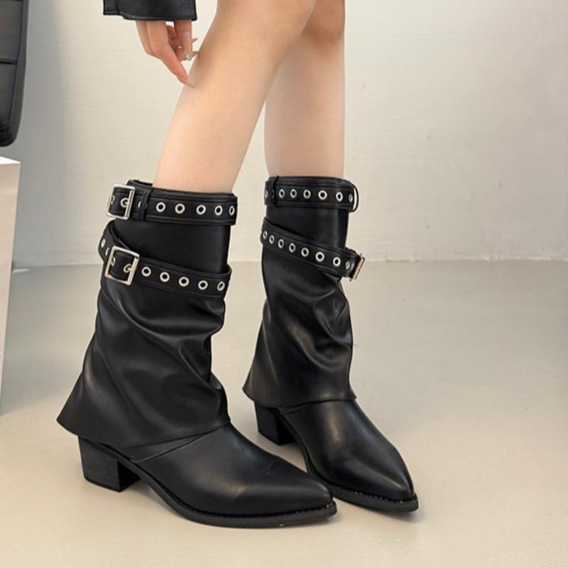 Metal Belt Buckle Block Heel Single Boots Women'S Fashion Pointed Toe Sleeve Pleated Mid-Cylinder Stack Boots