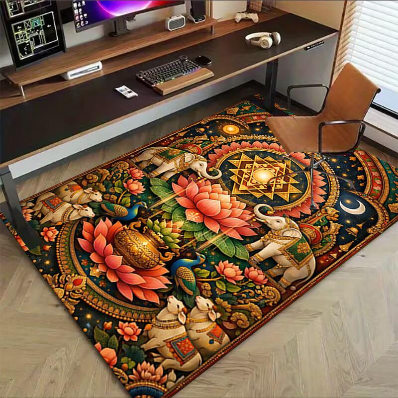 1PC Lotus Elephant Non-Slip Floor Carpet Compatible for Office&Living Room&Bedroom&Dining Room - Flat - Weave Machine-S0350