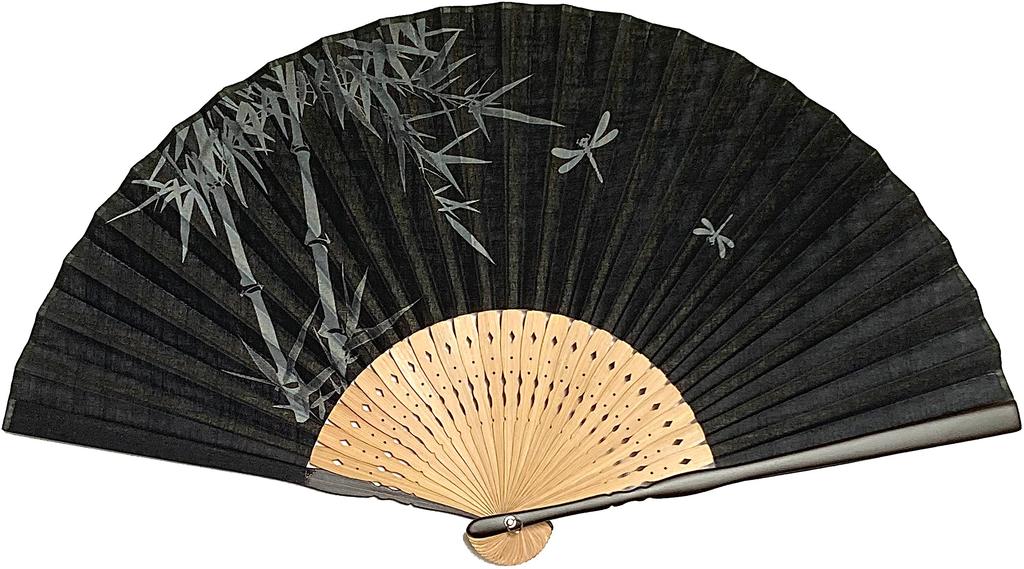 Folding Fabric Ink Painting Large Dragonfly and Bamboo Forest Japanese Large [Hanakanzashi] Men's Fan, Covered, Style, Size, Pattern, Black, Pattern,