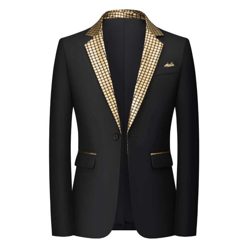 

Мужской классический черный пиджак-костюм в клетку с золотистыми контрастными вставками, на одной пуговице S золотой