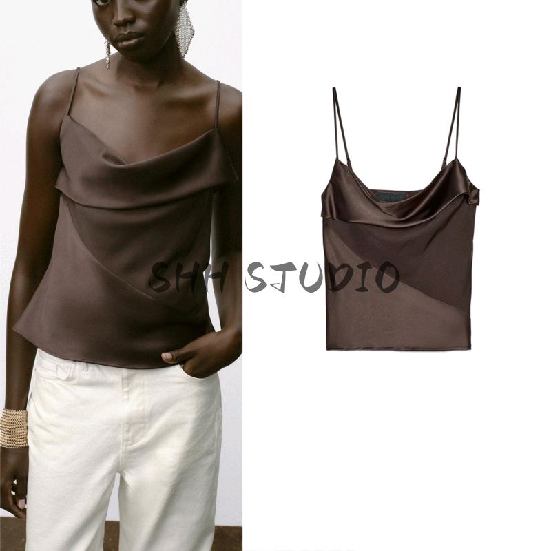Autumn New Retro Inner Wear Small Cami Patchwork Silk Satin Texture Underwear Style Top 8618399