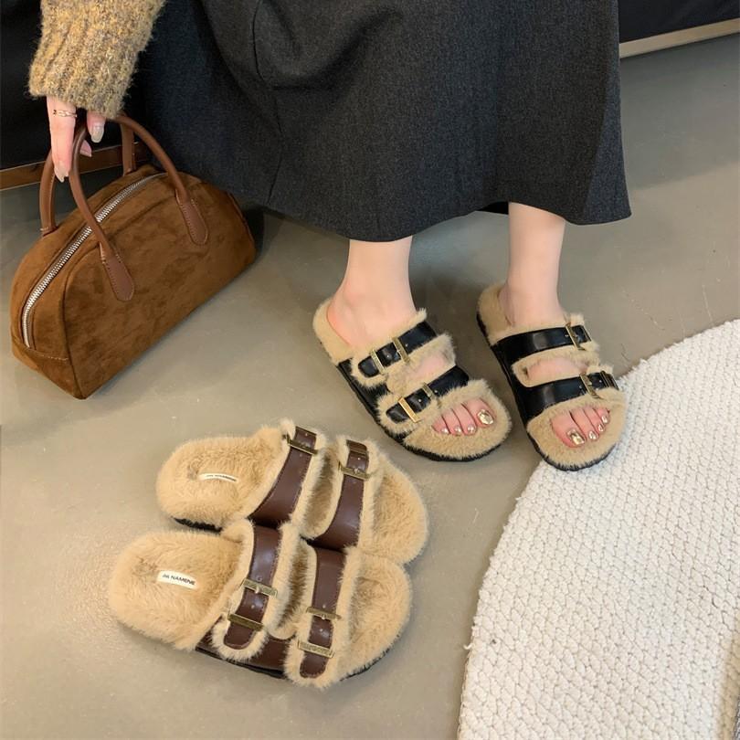 2025 New Autumn and Winter Thick-soled Retro Fluffy Slippers Women's Shoes Wear Warm Cotton Slippers