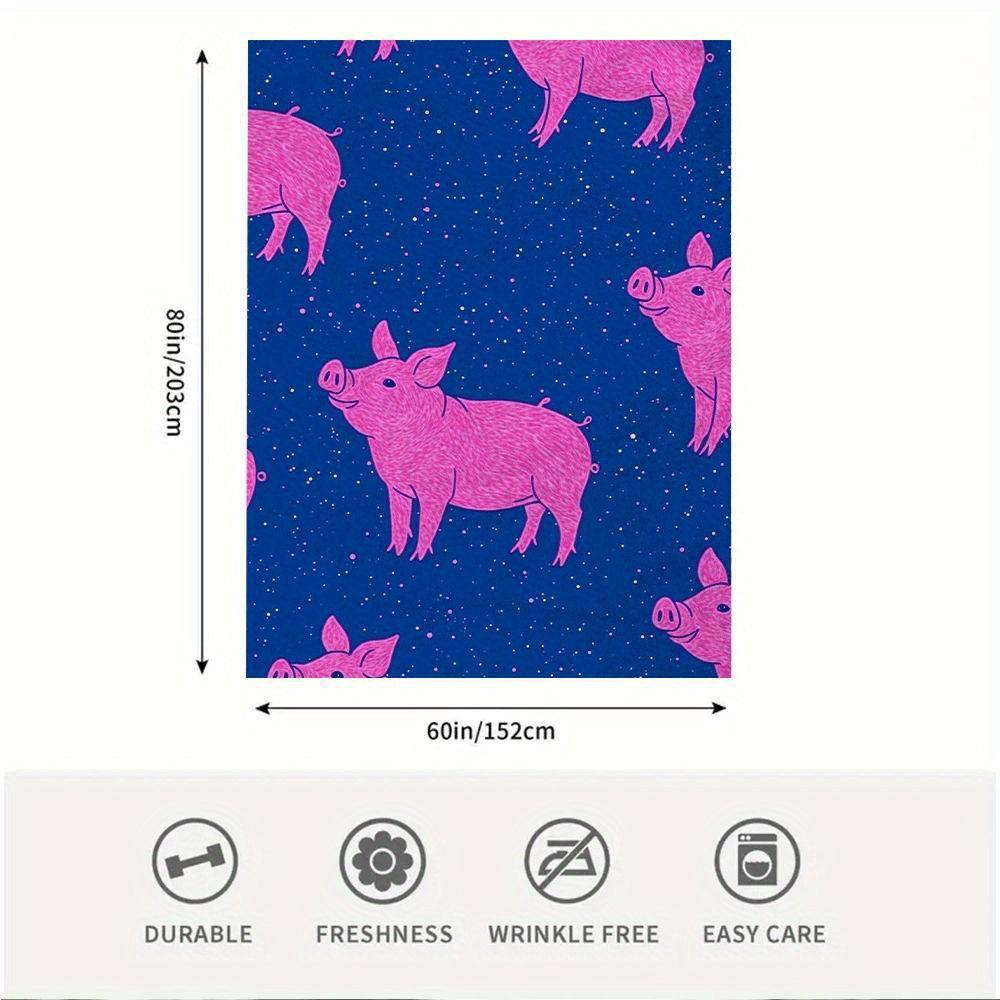 1pc 60x80 Inch Single-Sided Printed Blanket - Pink Cartoon Pigs & Starry Blue Background, Soft Thread Count Fabric