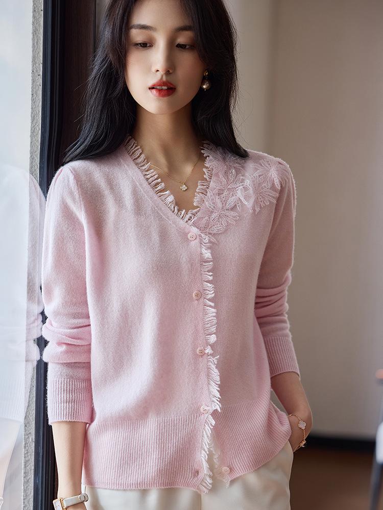 Women's 2025 Tassel Trim Wool Cardigan with French Lace Patchwork