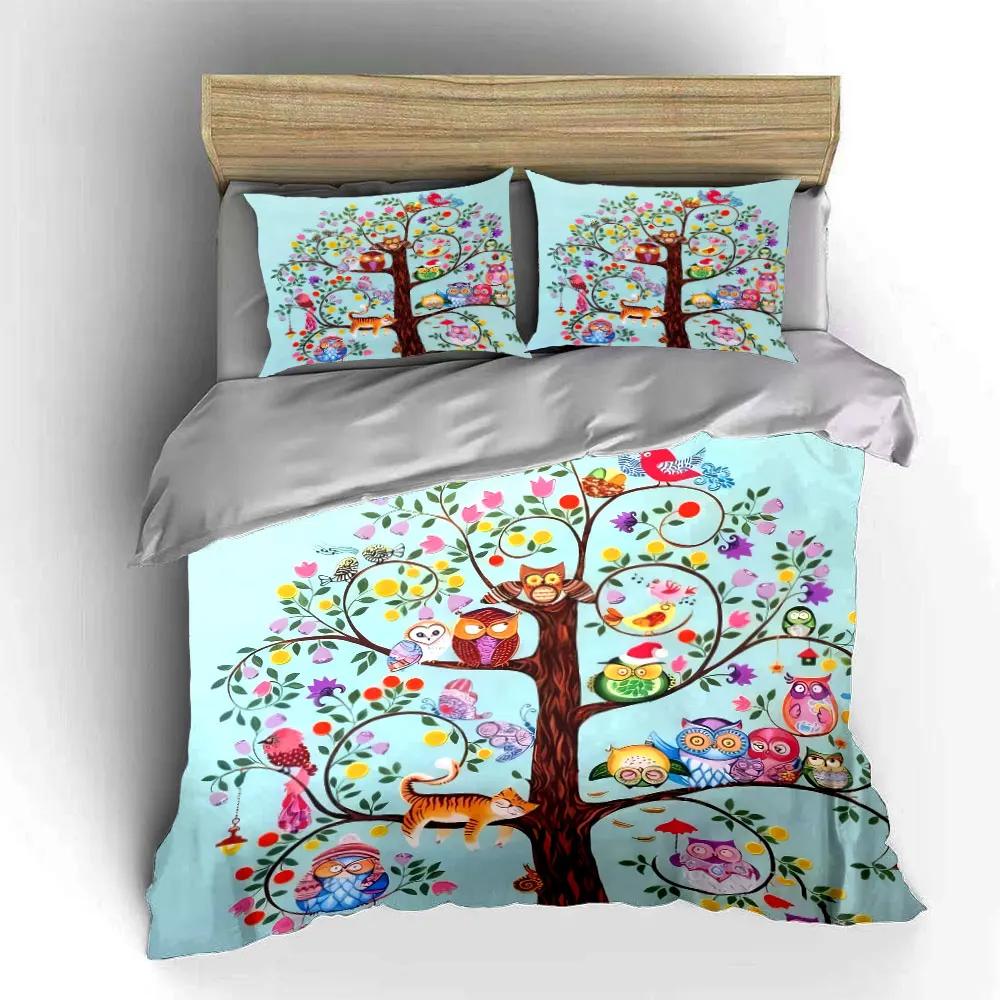Colorful Owl Tree Decor Set Soft Comfortable Duvet Cover Bedding Set Included 1*Duvet Cover & 2*Pillowcases Gift