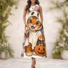 Women Plus Size Round Neck Sleeveless Cartoon Llama Printed A Line Maxi Dress With Side Pockets