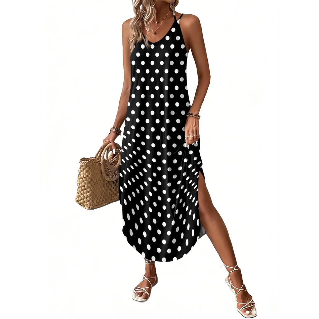 Women V Neck Polka Dot Printed Sleeveless Maxi Dress with Pockets Loose Fit Casual Beach Long Sundress for Summer