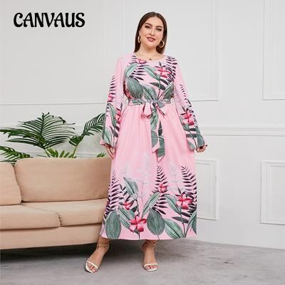 Spring and Autumn Women's Dress Plus Size Floral Printing Mid-Length Dress Long Sleeve Tie Waist Slim Fashion Long Dress