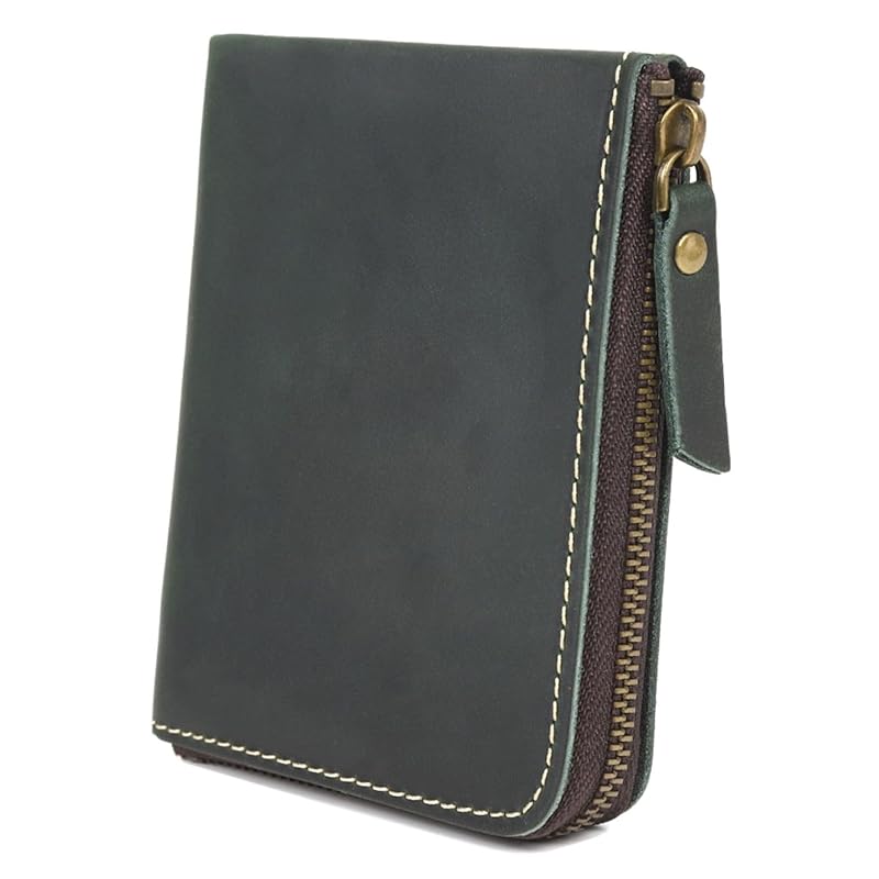 

[YuHaru] men s wallet genuine leather L-shaped zipper cowhide leather green