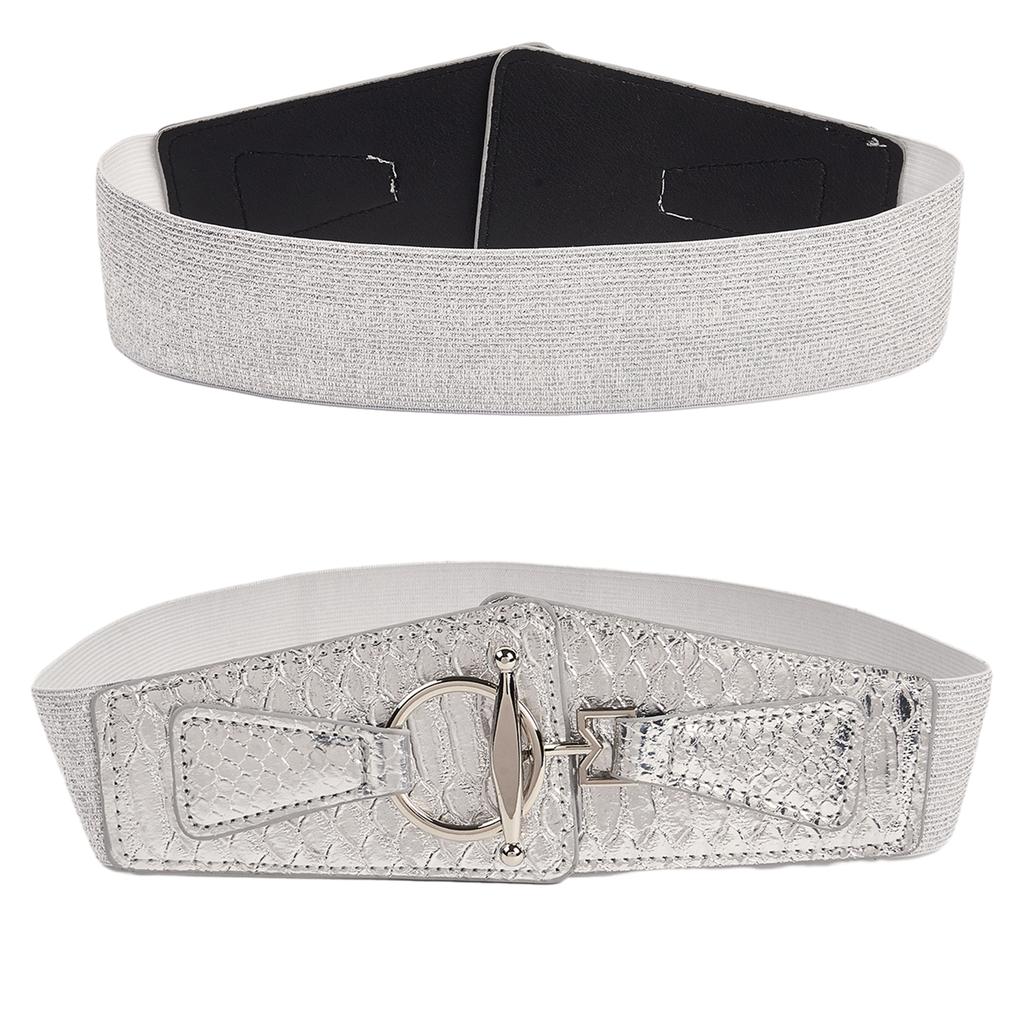 Damen Stretchgürtel Elegant Breites Korsett Dekorativ Glitzernd Metallic Kunstleder Elastischer Taillengürtel mit Legierungsschnalle