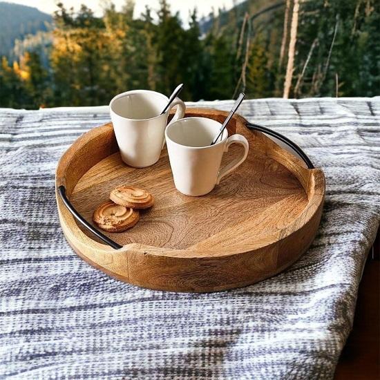 Medium Rustic Round Wooden Serving Tray Handcrafted Mango Wood with Iron Handles Decorative Kitchen Dining Table Tray Brown