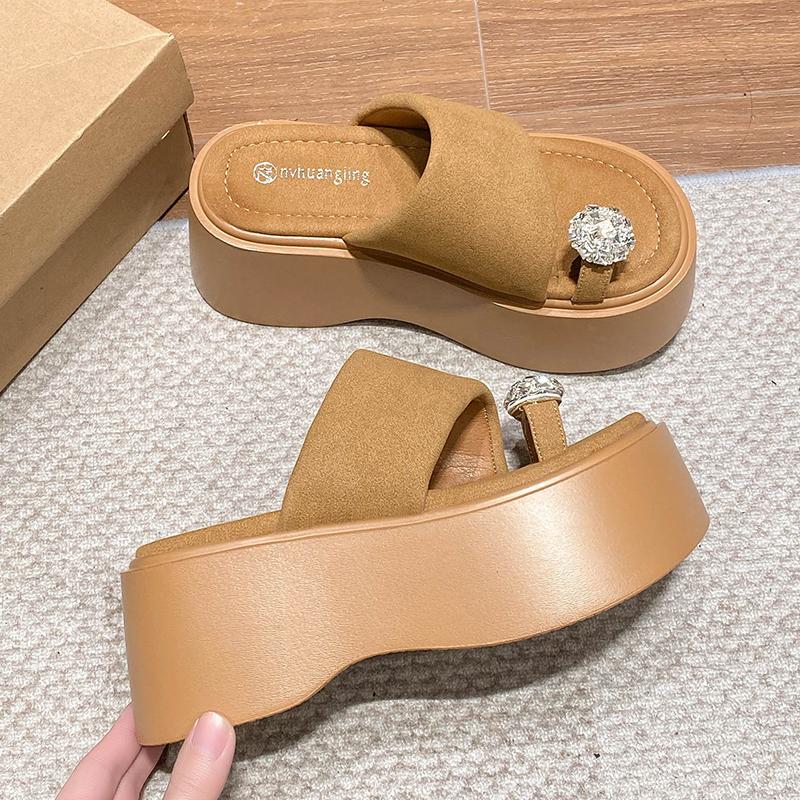 Fashion Women High Platform Slippers New 2025 Summer Beach Flip-Flops Ladies 8CM Wedge Heels Flock Shoes Woman Outside Chunky Sandals