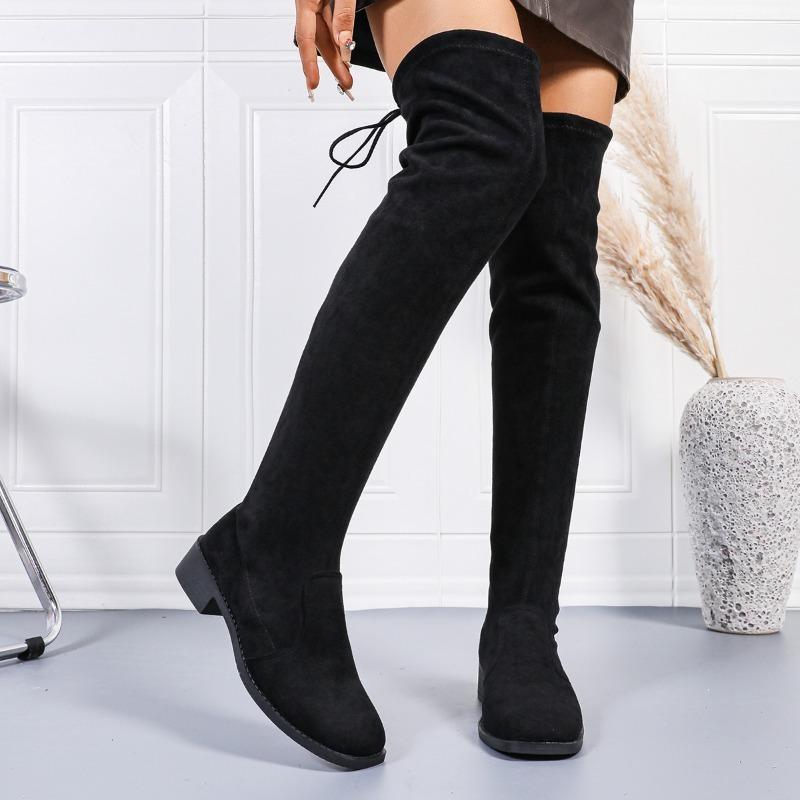 2024 Autumn Zipper Elastic Knee-high Boots for Women Tube Lace-up Thigh Gigh Boots Black Botas Faux Suede Female Heels Mujer