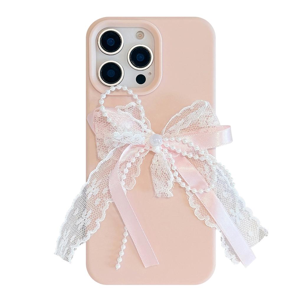 Pink Lace Pearl Knot Iphone16 Suitable for 17 IPhone Case 14pro Max Silicone 13 Three Dimensional 15