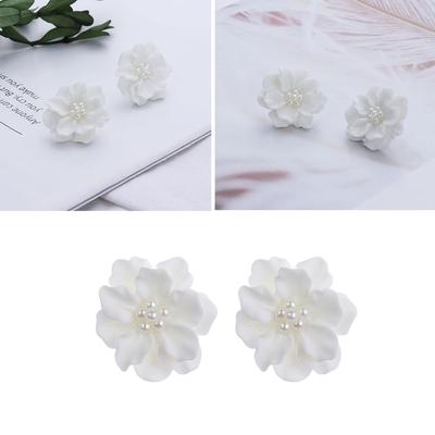 Elegant Women Girl Inlay Beads Camellia Stud Earrings Simulated Pearl Big White Flower