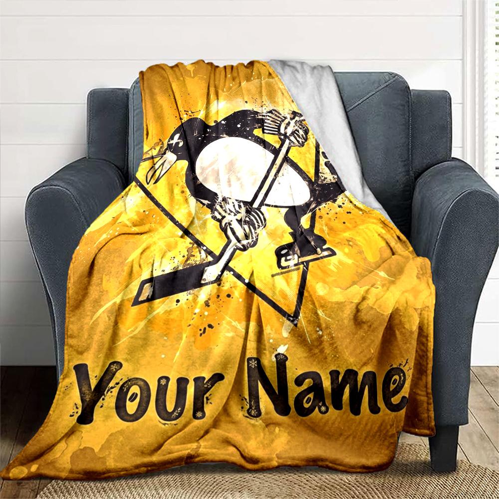 Name Custom Pittsburgh Penguins Logo Print Flannel Blanket High Quality Warm Comfortable Cover for All Seasons Perfect for Gifts Home Decor