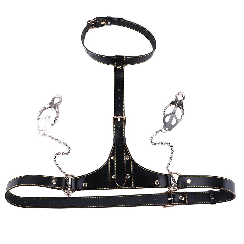 Leather Nipple Clamps Chain Black Wearable Bra BDSM Lingerie Adult Couples Flirting Toy
