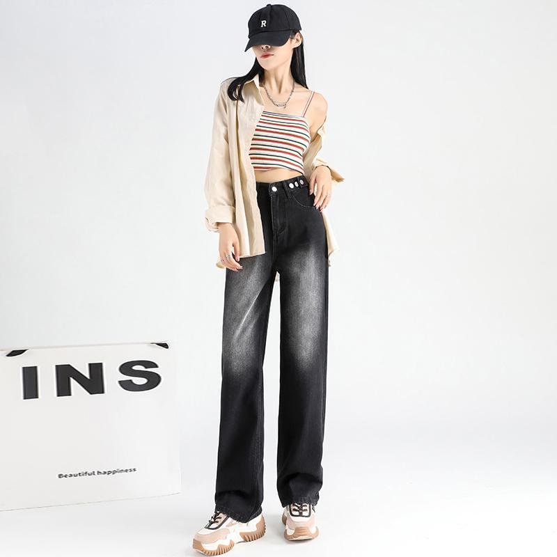 2022 Autumn New Korean Stytle Fashion Women'S Clothing Casual Thin Jeans Loose Wide-Leg Long Trousers Harajuku High Waist Thin