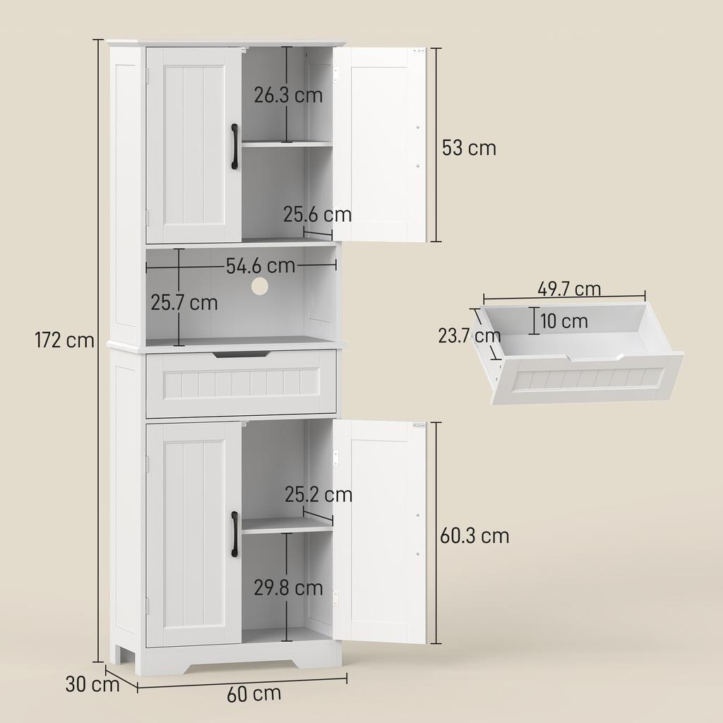 172 Cm Tall Kitchen Pantry Cupboard W/ Small Open Counter, Freestanding Kitchen Cabinet W/ 2 Adjustable Shelves, White